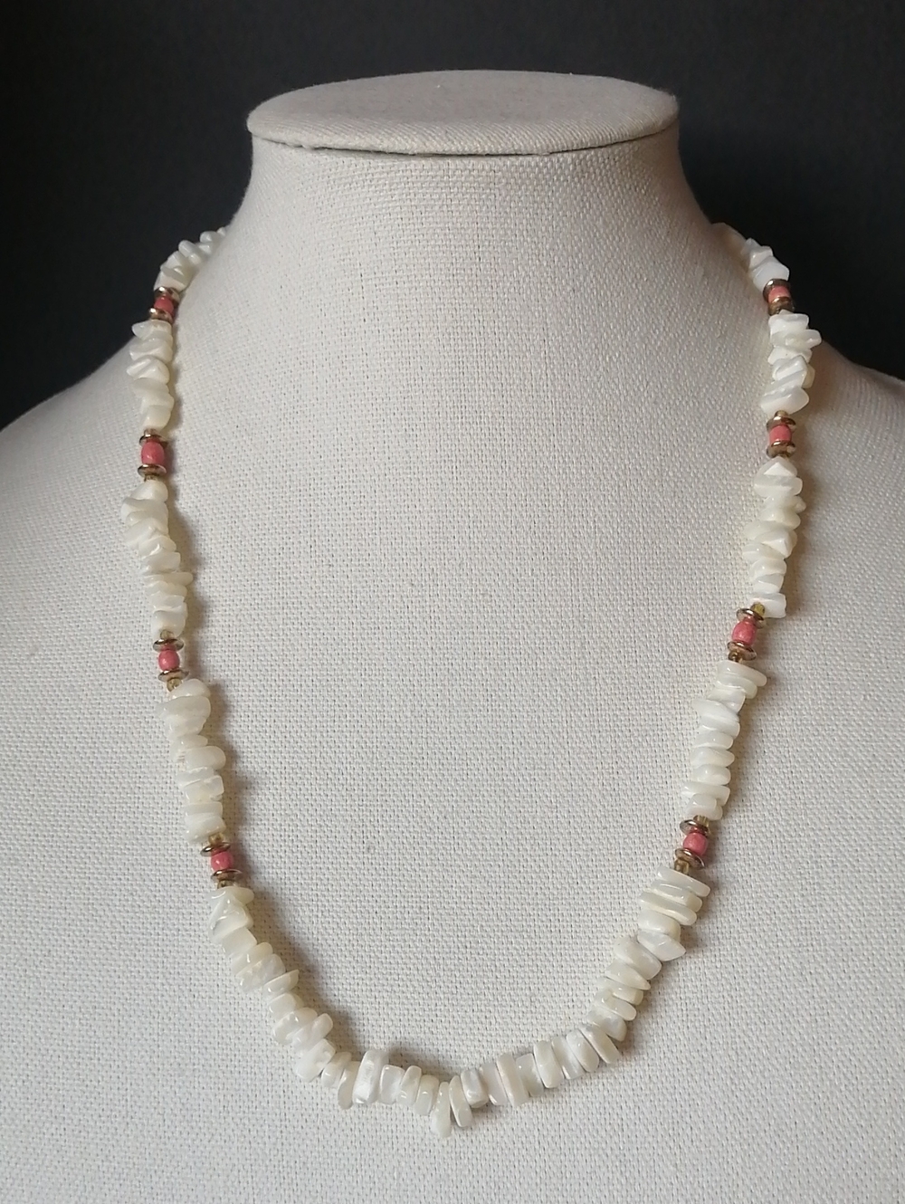 Vintage Handmade White Puka Shell Chips with Coral Accents Necklace